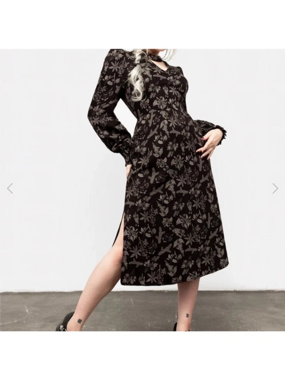 Disturbia Black Poisonous Plants Midi Dress with Side Slit